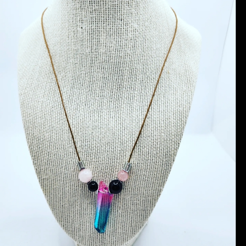 Aura Quartz, Rose Quartz, Black Obsidian cord necklace